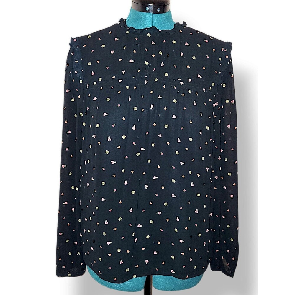 SANCTUARY Women's Black Multi Polka Dot Ruffle High Neck Long Sleeve  Blouse M